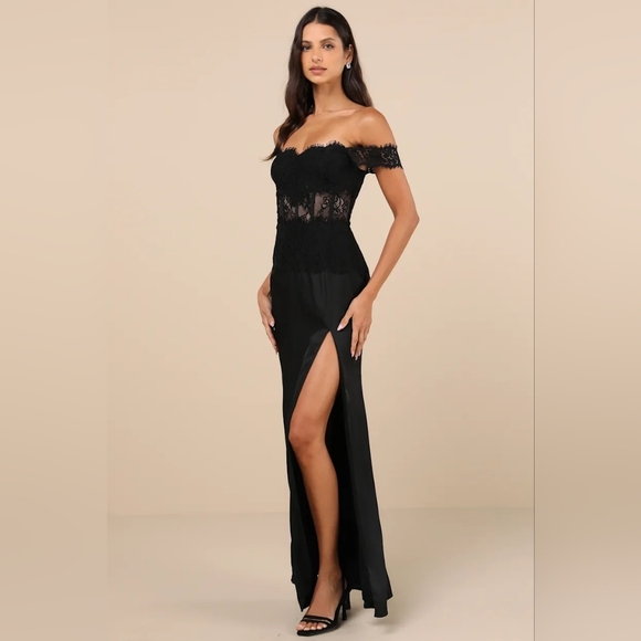 Lulus Exceptionally Exquisite Black Lace Off-the-Shoulder Maxi Dress S Wedding - Picture 3 of 9